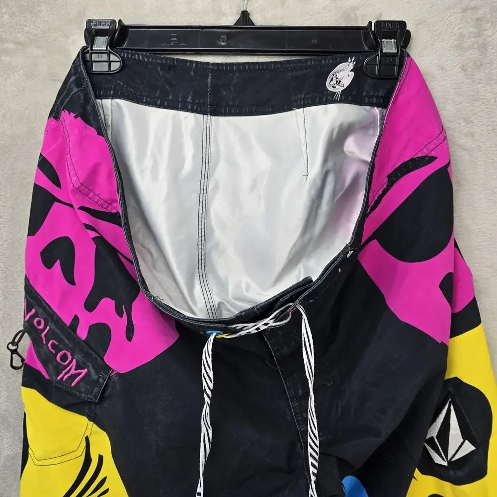 Vintage Volcom Board Shorts Mens 34 Black Y2K Neon Skull Swim Surf Artist Series